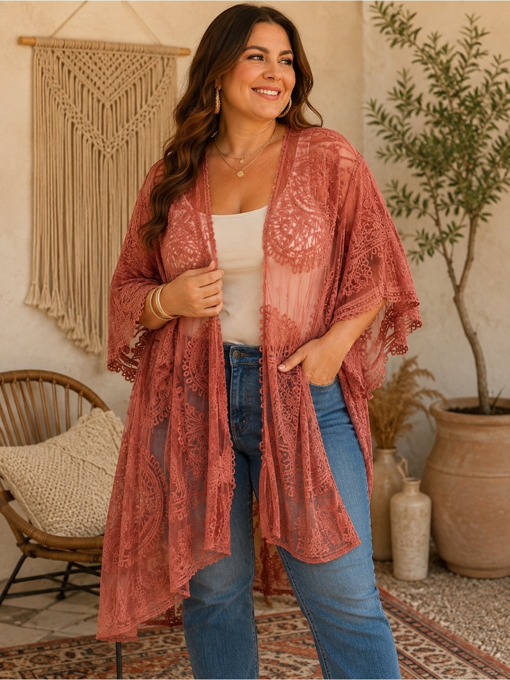 PINK Victoria's Secret Dusty Rose Crochet Lace Kimono Cover-Up